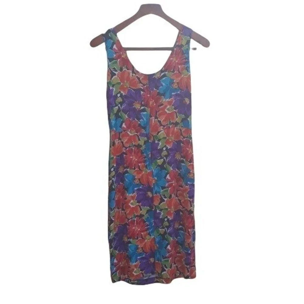 Vtg 80's Tropical Hawaiian Dress Sz M Belted Multicolor Floral Resort Vacation - Picture 2 of 8
